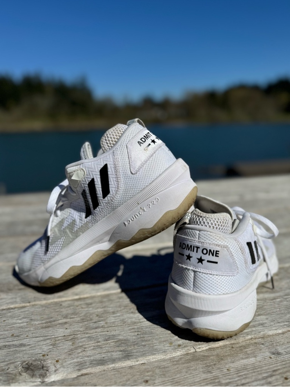 Adidas ~ Dame 8 ~ Admit One ~White Sneakers with Black Stripes ~ size 12